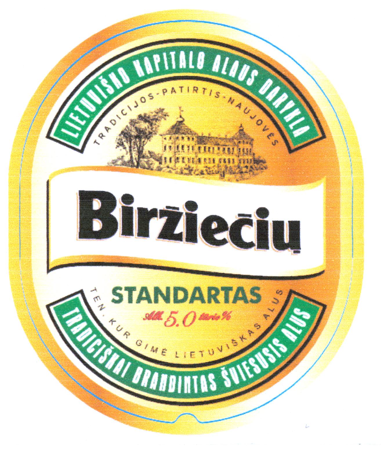 Prekės ženklas: Biržiečių STANDARTAS LIETUVIŠKO KAPITALO ALAUS DARYKLA TRADICIŠKAI BRANDINTAS ŠVIESUSIS ALUS